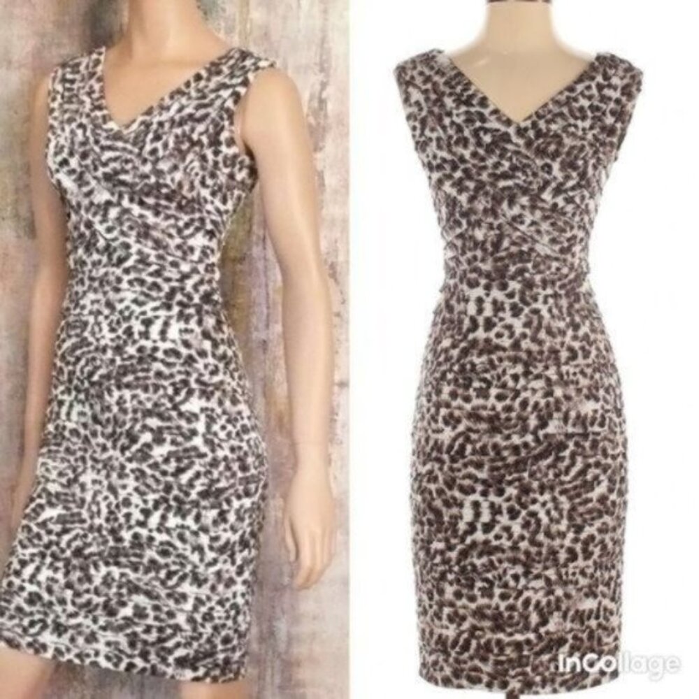 Adrianna Papell Animal Print Pleated Sheath Dress size 4 Ruffle V-Neck